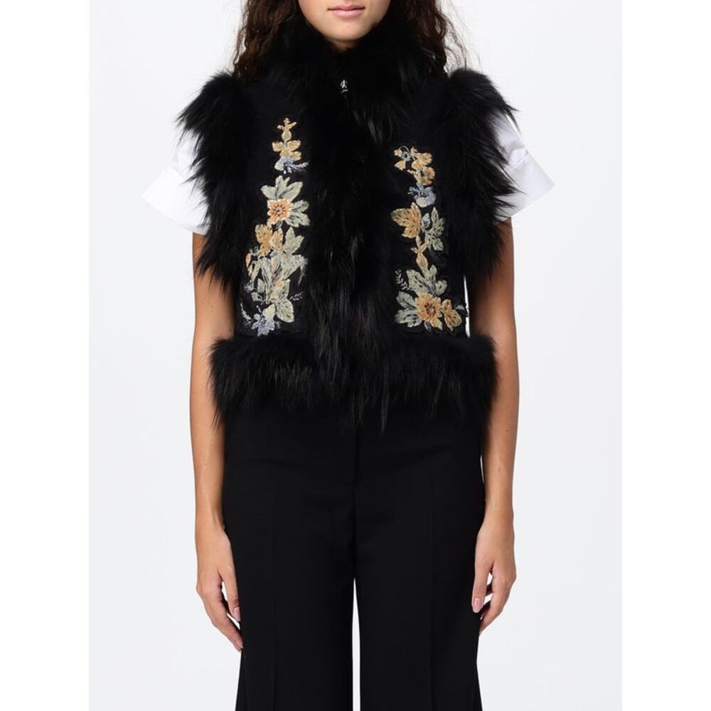 Fendi Women Fendi Virgin Wool Vest With Fur Collar And Floral Embroidery